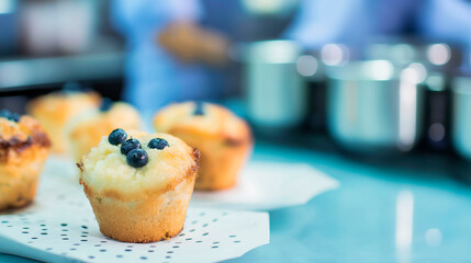 Group of muffins with blueberries on kitchen table