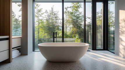 Modern bathroom with freestanding bathtub and forest view
