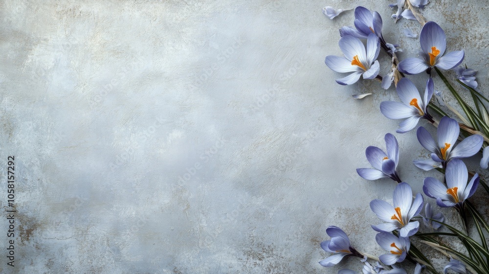 Poster lavender crocus flowers are arranged elegantly along the right edge of a textured gray backdrop, cre