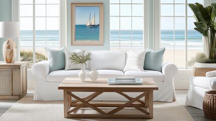 Coastal living room with ocean view and nautical decor
