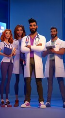 Fototapeta premium Diverse group of animated medical professionals in a hospital setting.