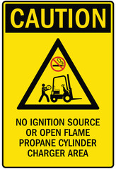 Truck safety warning sign no ignition source or open flame propane cylinder charger area