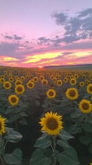 Obraz premium Vibrant sunflower field at sunset, creating a stunning natural landscape.