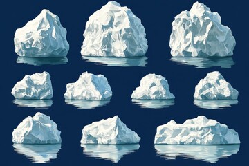 Naklejka premium Collection of realistic 3D icebergs in various shapes and sizes floating on a dark background showcasing the icy beauty and grandeur of Arctic formations