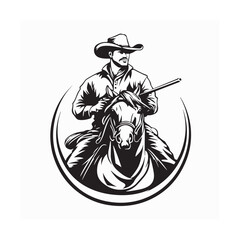 Western cowboy in hat sitting horseback logo design vector. Cowboy Riding Horse Stock Illustrations.