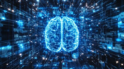 A glowing blue brain, rendered in a digital style, is positioned in the center of a dark, abstract background.
