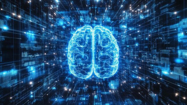 A glowing blue brain, rendered in a digital style, is positioned in the center of a dark, abstract background.