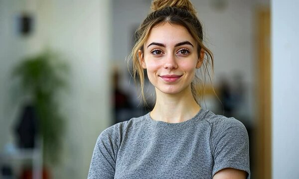 Photo of a Physical Education Teacher, half body photo, gymnasium as blur background, eye look at camera, three-quarter composition, double eyelids, working scene, warm greeting, greeting, enthusiasm,