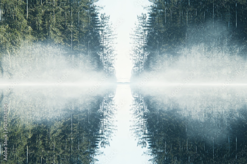 Poster foggy lake landscape with tree reflections evoking calm and symmetry set in a serene and natural env