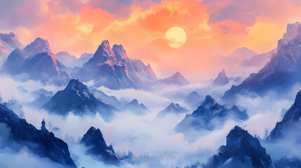 Beautiful mountain landscape with foggy peaks at sunrise. Foggy Mountains. Illustration