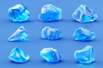 Naklejka premium Collection of realistic blue crystals against a vibrant background showing varying sizes and angles suitable for gemology visuals and artistic decor