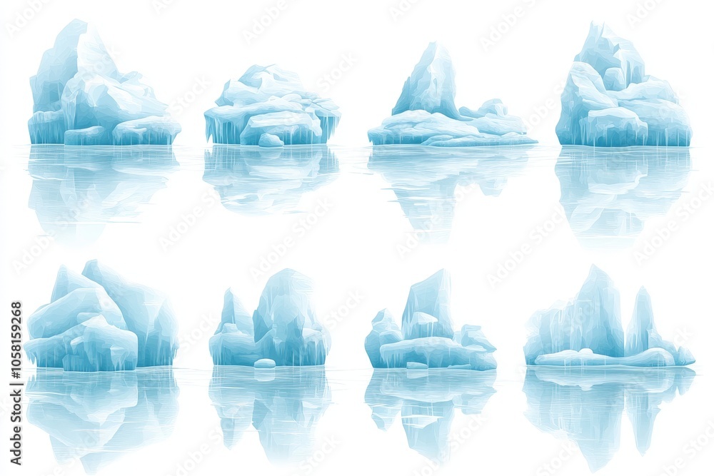 Poster floating icebergs in various sizes and shapes on reflective water emphasizing cold isolation and min