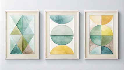 Fototapeta premium Abstract Geometric Watercolor Paintings in White Frames with Soft Tones of Green, Yellow, and Brown