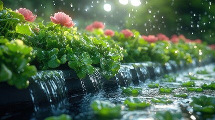 Water cascading over a stone wall amidst lush greenery and pink blossoms.