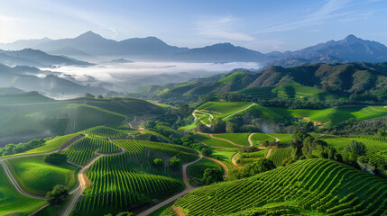 Fototapeta premium Breathtaking vineyard landscape with lush green hills, winding paths, and majestic mountains in background. serene atmosphere evokes sense of tranquility and natural beauty