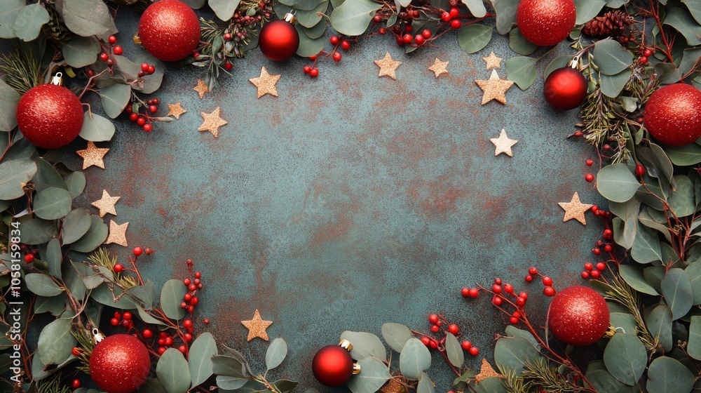 Poster a flatlay of red christmas ornaments and greenery arranged in a border around a textured, blue backg