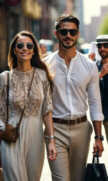 Arabs on their way about in kandura at a business place. Arab businessman in dish dasha strolling around the downtown streets. Middle Eastern woman from Arabia grinning as she talks and walks
