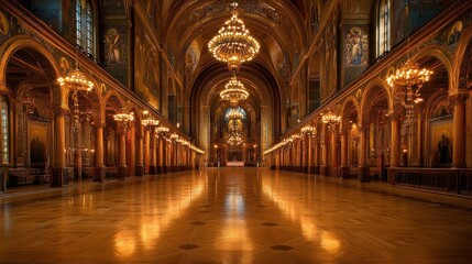 Obraz premium A grand, ornate church interior with golden chandeliers, arches, and a polished wooden floor.