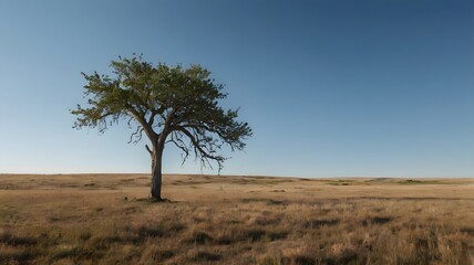 Wind-Swept Prairie with Lone Tree: A vast, open prairie with a single tree standing against a soft, clear blue sky