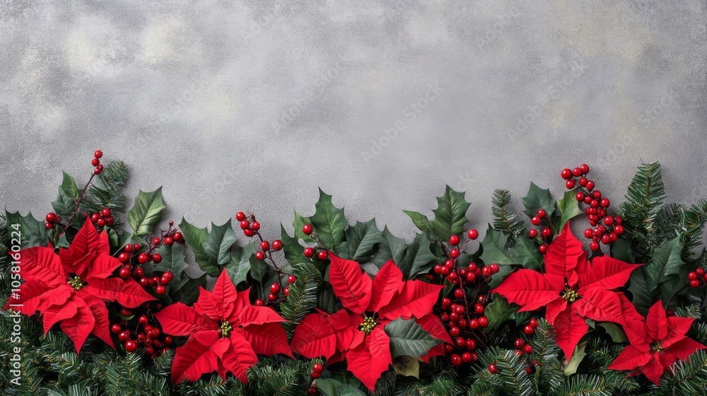 Poster a flat lay of red poinsettia flowers and holly sprigs with red berries along the bottom edge of a gr