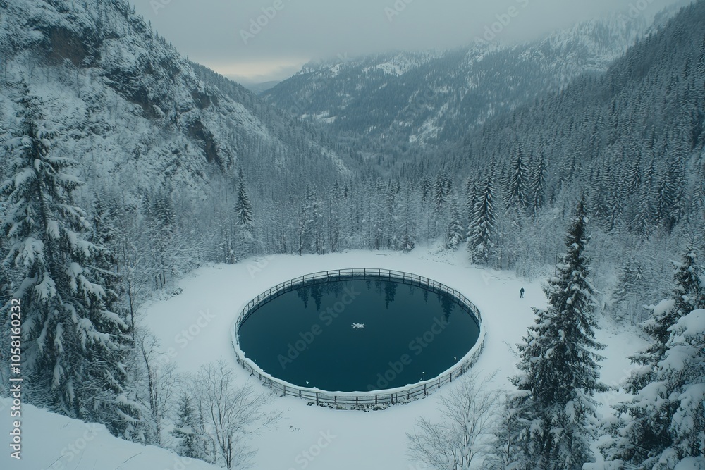 Aufkleber frozen lake surrounded by dark evergreen trees with a circular hole in the ice creating a mysterious