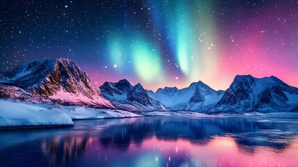 Aurora Borealis, Lofoten islands, Norway. Nothen light, mountains and frozen ocean. Winter landscape at the night time. 