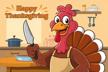 Happy Thanksgiving Cartoon: Cheerful Turkey Holding a Roasted Turkey with Copy Space
