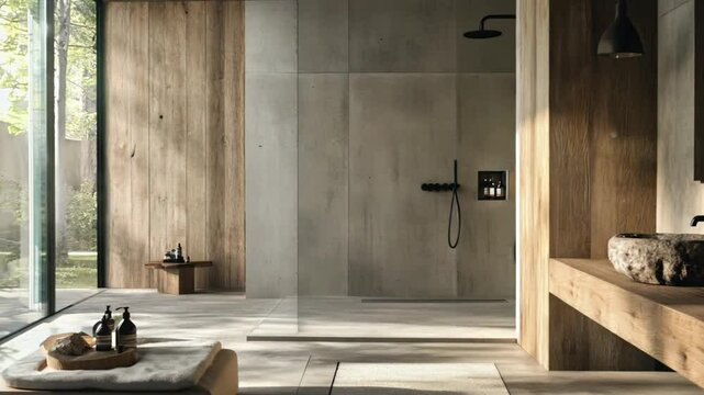 Modern minimalist bathroom with wooden accents and natural light during the day