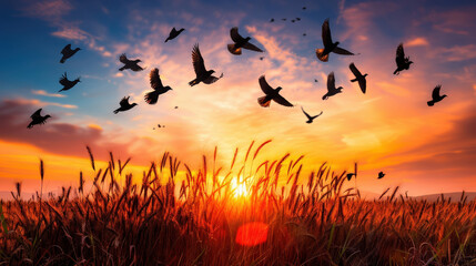 Fototapeta premium stunning scene of birds flying over golden wheat field at dawn, capturing beauty of nature as sun rises, illuminating sky with vibrant colors
