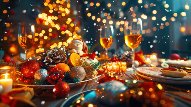 beautifully decorated Christmas dinner table featuring elegant decor, sparkling ornaments, and festive lights. warm ambiance creates joyful holiday atmosphere