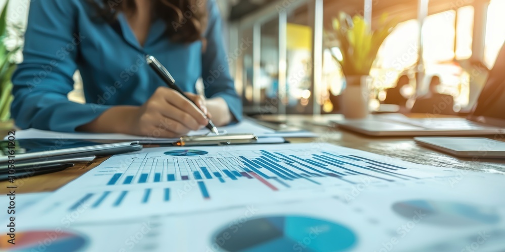 Poster data analyst unveiling sales trends through reports in a dynamic office focused on data-driven decis