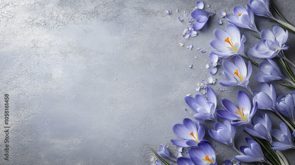 Poster vibrant purple crocus flowers bloom elegantly on a textured gray background during spring. some peta