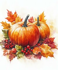 Watercolor painting featuring two pumpkins surrounded by autumn leaves, showcasing warm seasonal colors.