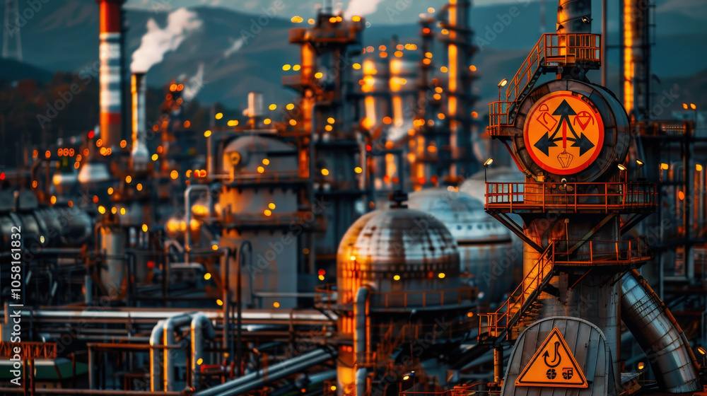 Aufkleber close up of refinery storage tanks with labels, showcasing industrial structures and equipment. scen