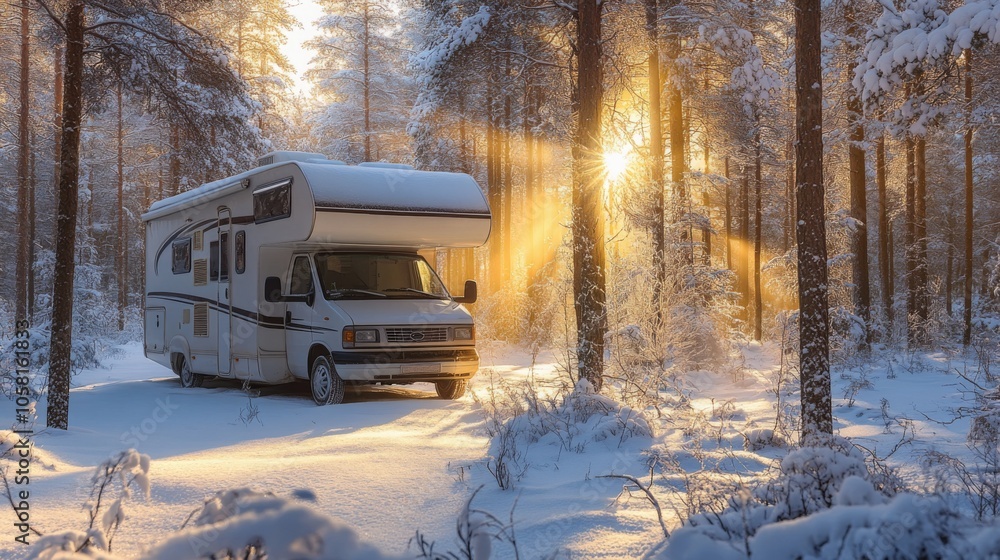 Poster a cozy rv is parked in a snowy forest, surrounded by tall trees. soft sunlight filters through the b