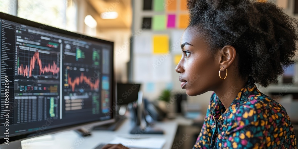 Poster financial risk analyst evaluating investment strategies with modeling tools in a bright office envir