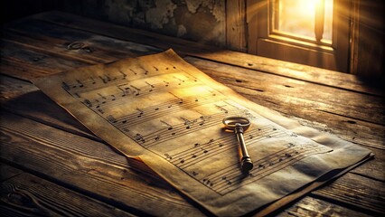 A weathered wooden surface bathed in golden sunlight, showcasing an aged sheet of music with a solitary key resting upon it, a testament to time's gentle touch and the enduring power of melody.