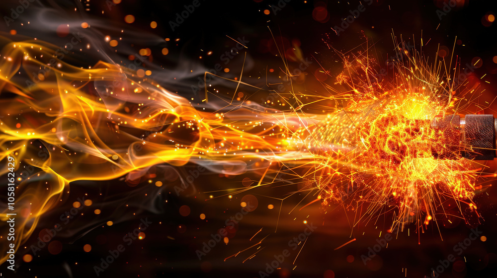 Poster intense sparks and flames erupt from welding torch, creating dramatic display of light and energy. v