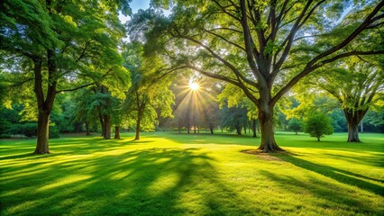 Obraz premium Sunlight filtering through the canopy of trees, casting long shadows on the vibrant green grass of a park.