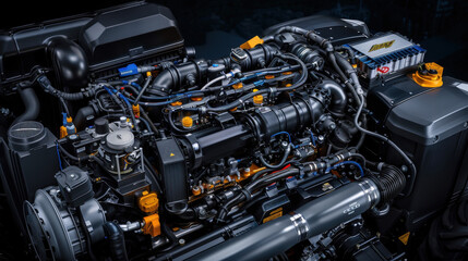 Fototapeta premium Close up of tractors engine showcasing intricate parts and components, highlighting mechanical design and engineering. image captures complexity and functionality of engine