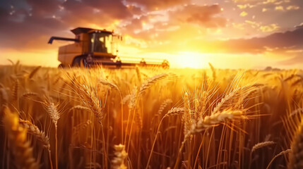 Fototapeta premium Harvesting wheat under bright sky at sunset creates stunning scene of agricultural beauty. golden wheat sways gently in breeze, reflecting warm hues of setting sun