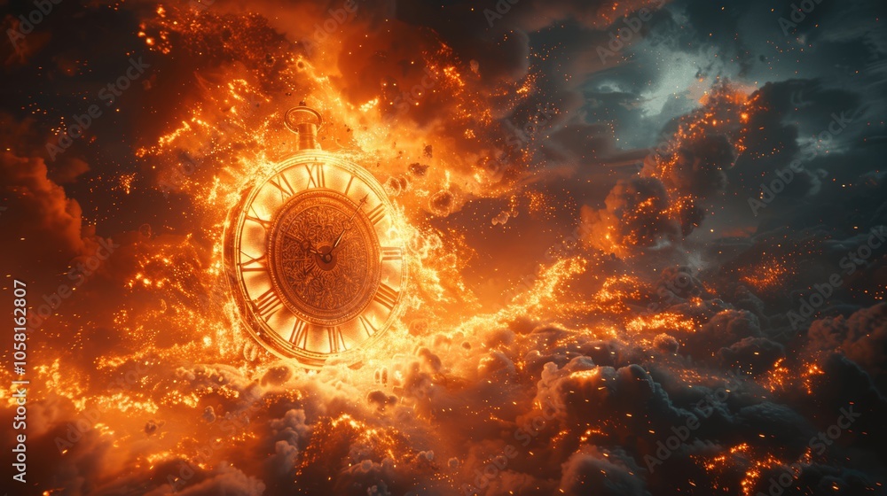 Aufkleber ancient clock exploding with time magic energy in fantasy world