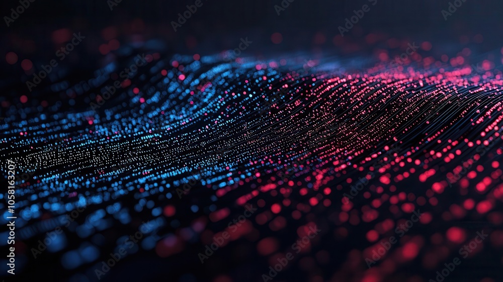 Poster a vibrant, abstract representation of flowing data, featuring dynamic waves of blue and red dots aga