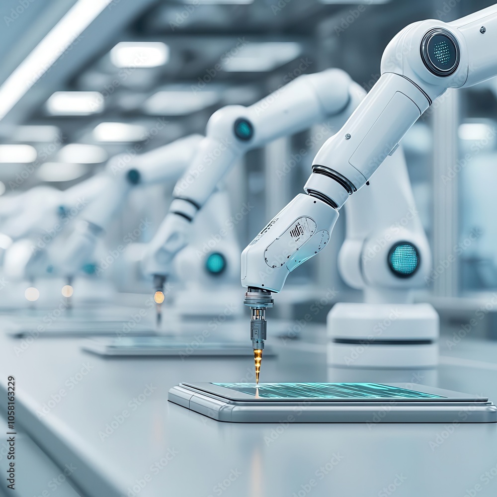 Poster a futuristic scene featuring robotic arms working collaboratively on a smart surface, highlighting a