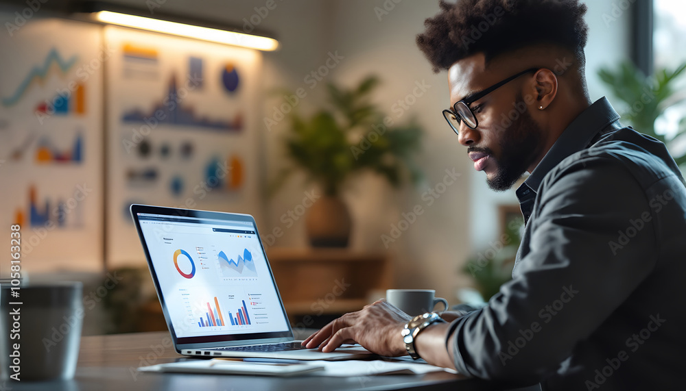 Poster businessman analyzing data on laptop to create online presentation, data analyst analyzing kpis on a