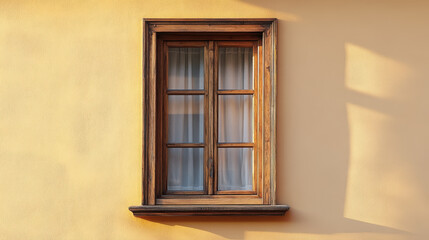 Obraz premium Colonial style wooden window with decorative frame and sheer curtains, set against warm yellow wall, creating charming and inviting atmosphere