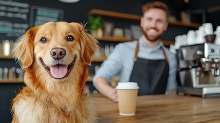 Furry Friend at the Cafe: Adorable Dog with Barista Brewing Coffee - Warmth and Companionship