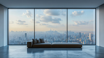 Fototapeta premium contemporary living room featuring frameless window with stunning city view. spacious interior showcases modern sofa, inviting relaxation while enjoying skyline