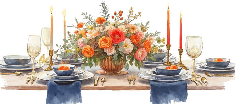 Festive Holiday Table Setting with Candles Watercolor illustration
