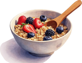 Watercolor Bowl of Granola with Fresh Berries